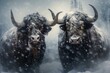 Two bulls in wintertime. Wildlife powerful bison animal in snowfall. Generate ai