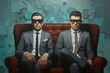 Portrait of two serious men in suits and sunglasses sitting on a leather sofa