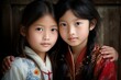 Two Chinese beautiful children. Asian cutes sisters portrait outdoor. Generate ai