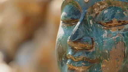 Wall Mural -   A tight shot of a statue's face, surrounded by a hazy backdrop of rocks