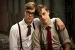 Warm, retro-inspired photo of two young men with suspenders, exuding classic charm