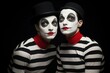 Two funny French mimes artists. Comedy pantomime entertainment performance on street. Generate ai