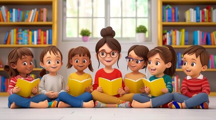 Wall Mural - Happy Group of kids sitting on floor in circle around library for reading books.