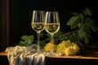 Two glasses white wine on wooden table. Drink glass at sunny view light. Generate Ai