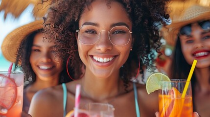 Happy multiracial friends cheering cocktail glasses together at beach party. Youth lifestyle and summertime vacations concept. 