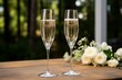 Tropical wedding with glass flute champagne. Drink toast. Generate Ai