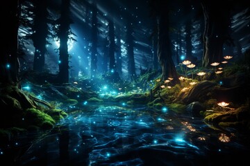 Wall Mural - Enchanted forest landscape with glowing mushrooms and fireflies