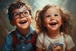 Happy two kid smiling faces. Closeup photo face of cute guys. Generate Ai