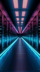 Canvas Print - Futuristic data center hallway with neon lights