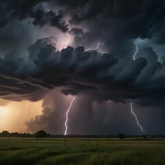 A thunderous storm cloud looms ominously in the sky, crackling with electricity and pouring rain, lightning in the field for sparking