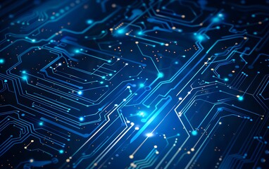 Poster - Abstract blue circuit board background vector illustration with glowing dots and lines, representing a technology digital concept for banner or poster design