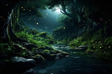 Sticker - Enchanted forest stream at night with glowing fireflies