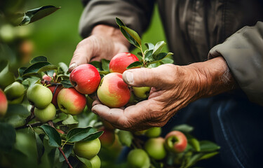 elderly farmer's hands picking apples over blurred garden backgr