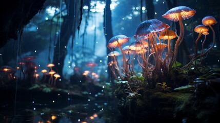 Wall Mural - Magical mushroom forest at night