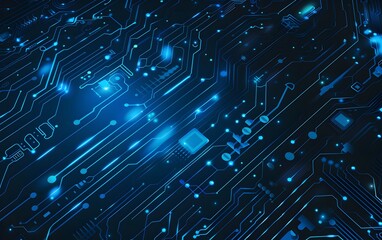 Poster - Blue circuit board background vector illustration with glowing elements and technology concept for banner, poster or presentation