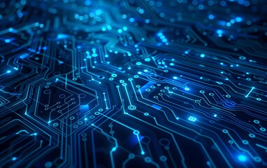 Poster - Blue circuit board background vector illustration with glowing elements and technology concept for banner, poster or presentation