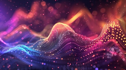 Poster - Abstract Sound Wave Rainbow Background. Dynamic Music Particles Flow. Blurred Neon Particles Lights Effect. Music Sound Wave Visualization. Abstract Vector Background. RGB Audio Wave Visualization.