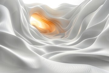 Poster - A stunning digital artwork depicting wavy white fabric-like structures with a central golden glow, resembling light at the end of a tunnel