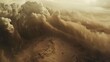 A massive sandstorm with dark clouds and swirling dust filling the sky over an desert.