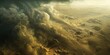 A massive sandstorm with dark clouds and swirling dust filling the sky over an desert.