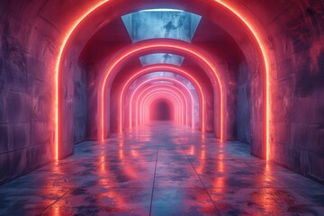 Poster - An enticing image of a red-lit tunnel with sequential arches creating a deep perspective It gives a sense of intrigue and endlessness