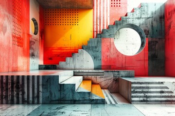 Poster - Urban-inspired abstract geometric shapes in bold red and soothing cream shades evoke a feel of architectural design and modern art