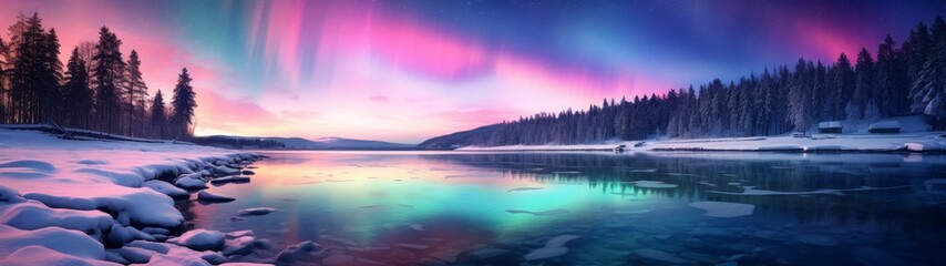 Poster - Serene winter landscape with colorful sky reflection