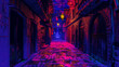 Concept art of an alleyway in colorful and vibrant hues with neon lights. Neon lit alley and game design concept.