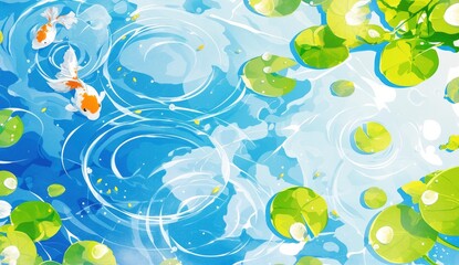 A simple background design with swirling water patterns, green leaves and goldfish swimming in the pond, white sky blue and light brown color palette