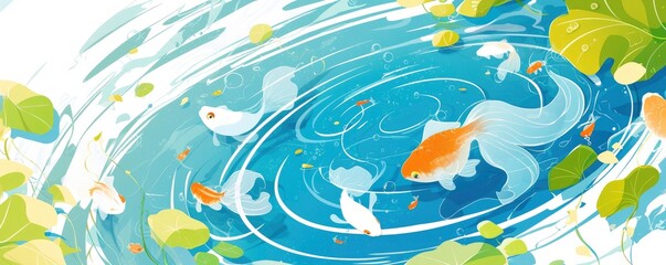 A simple background design with swirling water patterns, green leaves and goldfish swimming in the pond, white sky blue and light brown color palette