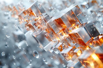 Poster - Digital illustration of 3D cubes with a glowing core surrounded by water droplets, evoking a sense of technology and innovation