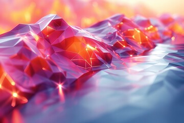 Poster - A digital low-poly landscape where triangular facets form mountain-like structures with a warm crimson glow