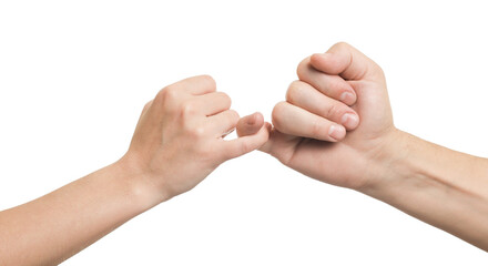 Wall Mural - man and woman holding little fingers together on white background, closeup