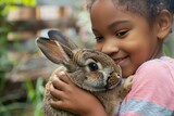 Dziecięca radość: Mała dziewczynka tuląca królika