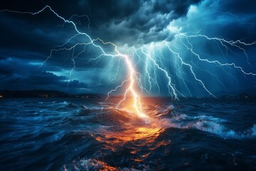 Poster - Dramatic storm with lightning over the ocean