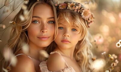 Wall Mural - A woman and a child are posing for a picture. The woman has a flower in her hair and the child has a flower in her hair as well. Scene is happy and playful