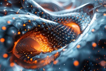 Poster - An intense digital artwork featuring a fluid wave structure with glowing orange particles that suggests motion and energy