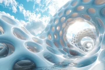Poster - This image showcases a futuristic tunnel-like structure in white with circular holes and a bright sky
