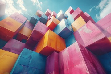 Poster - Abstract composition of colorful 3D cubes stacked in a manner resembling futuristic skyscrapers