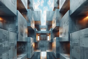 Poster - A dramatic perspective of an industrial-style concrete building with geometric openings and warm light accents