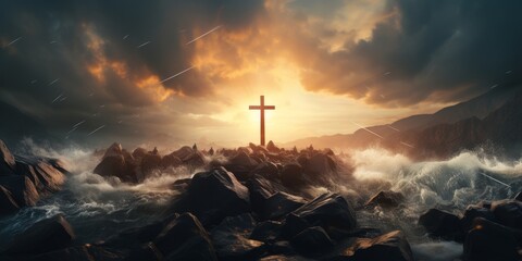 Canvas Print - Dramatic sunset over rocky coastline with cross