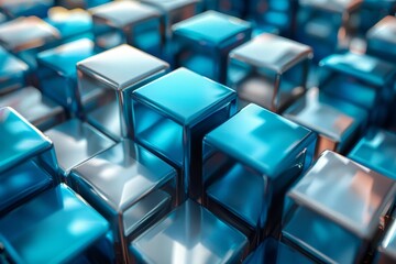 Poster - Close-up of uniform blue metallic cubes reflecting light creating a mesmerizing pattern