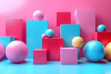 Poster - Vibrant abstract image with a mix of circular and cubical shapes in pink and blue tones arranged in a dynamic composition