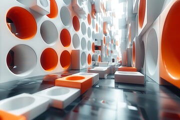 Poster - A digitally-rendered futuristic hallway with sleek white and orange surfaces and circular cutouts, exuding a modern aesthetic