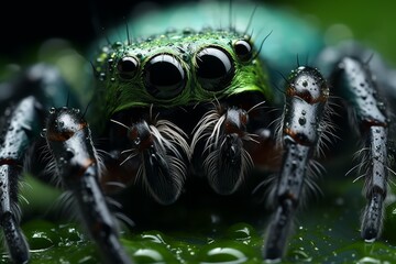 Closeup of a green jumping spider with large black eyes