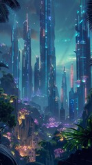 Wall Mural - A futuristic skyline illuminated by the soft glow of bioluminescent plants