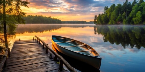 Canvas Print - Serene lake at sunset with wooden dock and boat