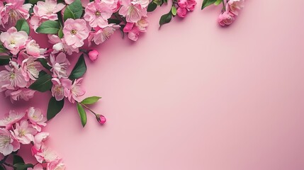 Wall Mural -   Pink flowers bloom against a pink backdrop Text space on the left