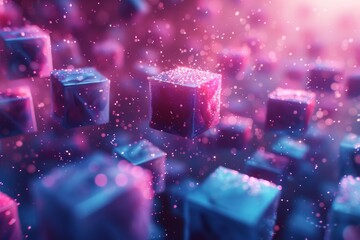 Poster - Evocative of feelings of wonder, the image displays shimmering pink cubes with a dynamic particle effect as if caught in an enchanted motion or dance