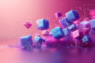 Poster - Dynamic image of colorful cubes bounding through a whimsically tinted environment, full of energy and life